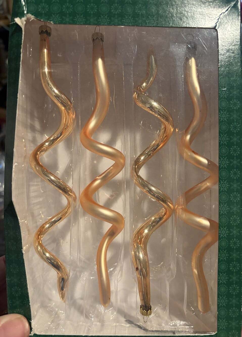 4 Holiday Corkscrew Spiral Christmas Blown Glass Ornaments Bright & Frosted Gold